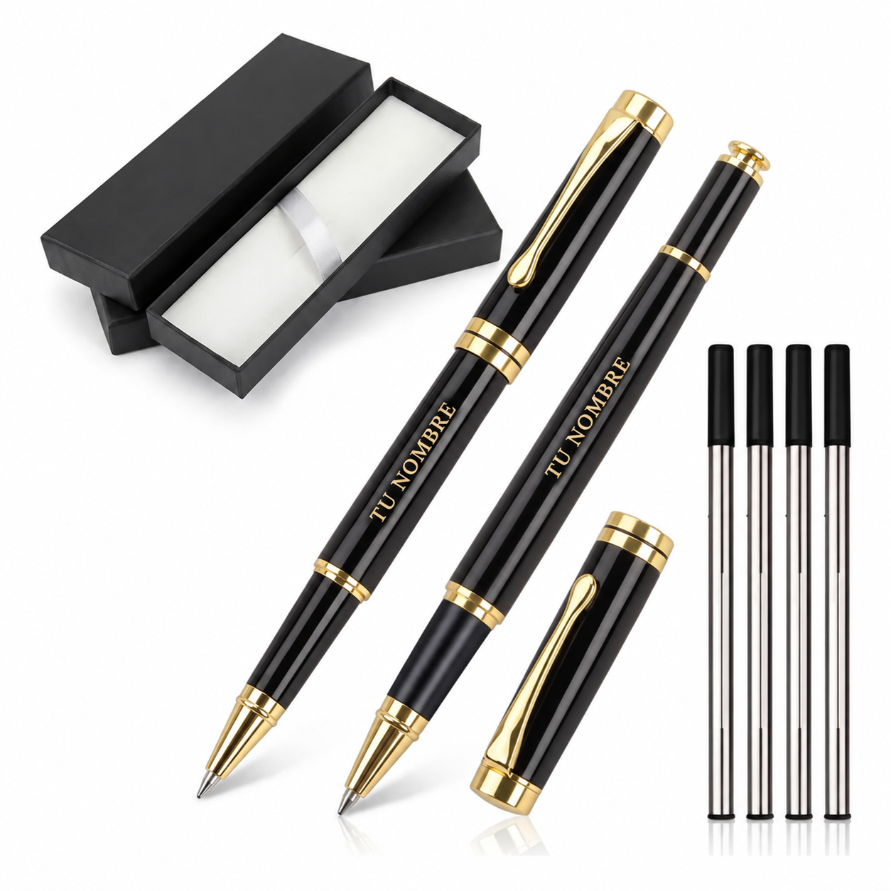 Juego ejecutivo de dos plumas negras con detalles dorados, estuche y cuatro repuestos